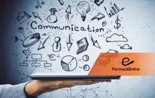 Hand holding a tablet with a cloud of communication icons and the orange FormaçãoOnline banner