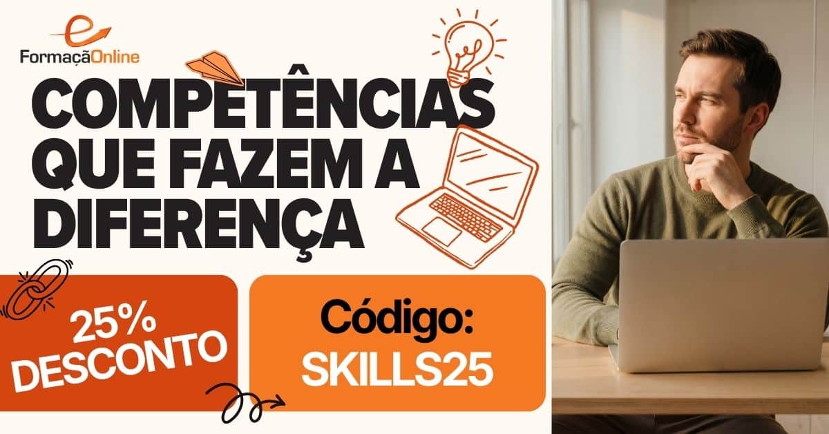 Oferta Maio 2026 Promotional banner for online learning: 25% discount with code SKILLS25; man sits at a laptop on the right.